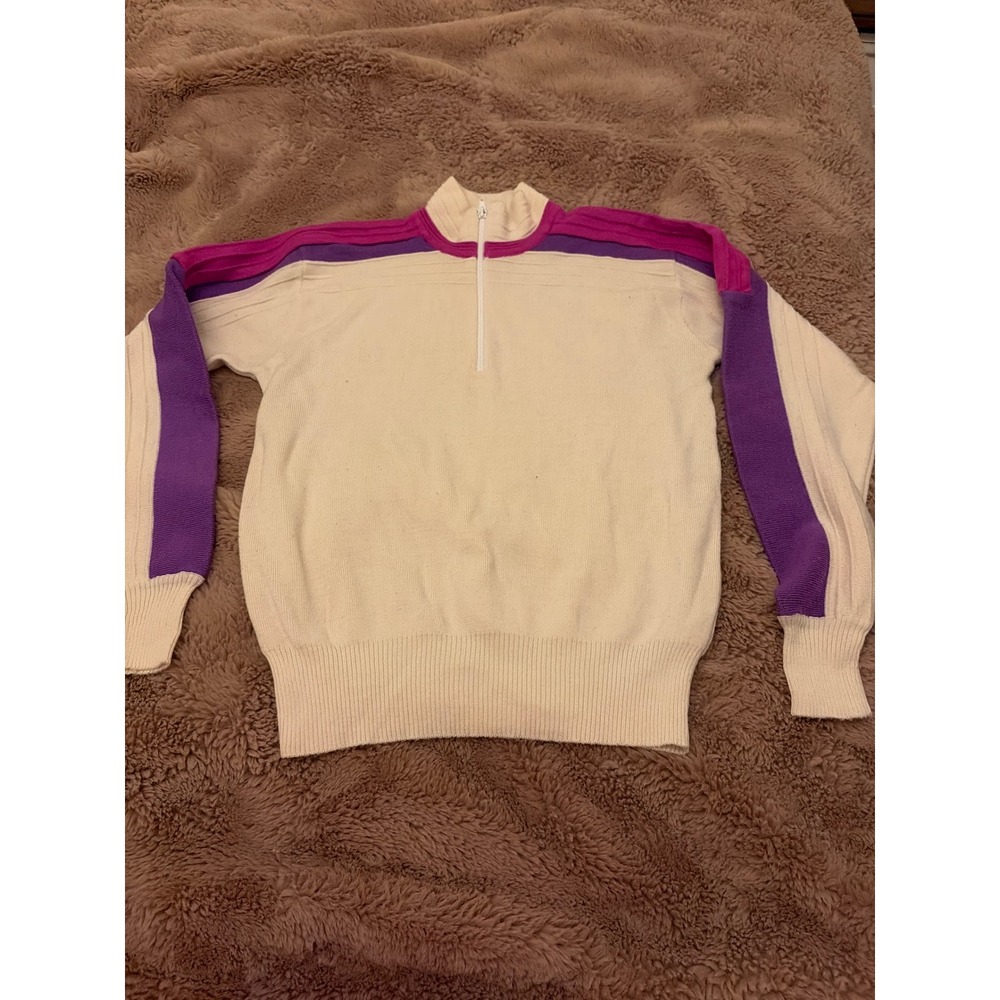 Vintage Meister Ski Sweater Womens Large Cream Purple Pink 3/4 Zip Wool Blend